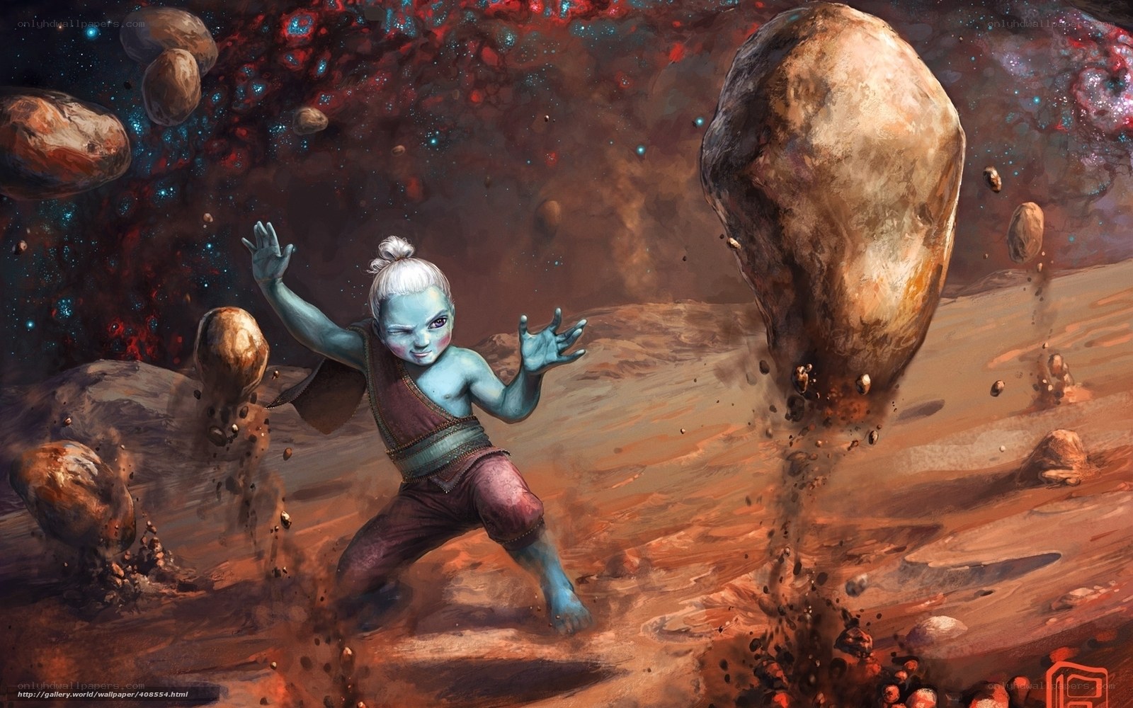 child in space with floating rocks