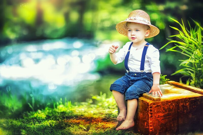 Child in Straw Hat — Green, Serene, Afternoon