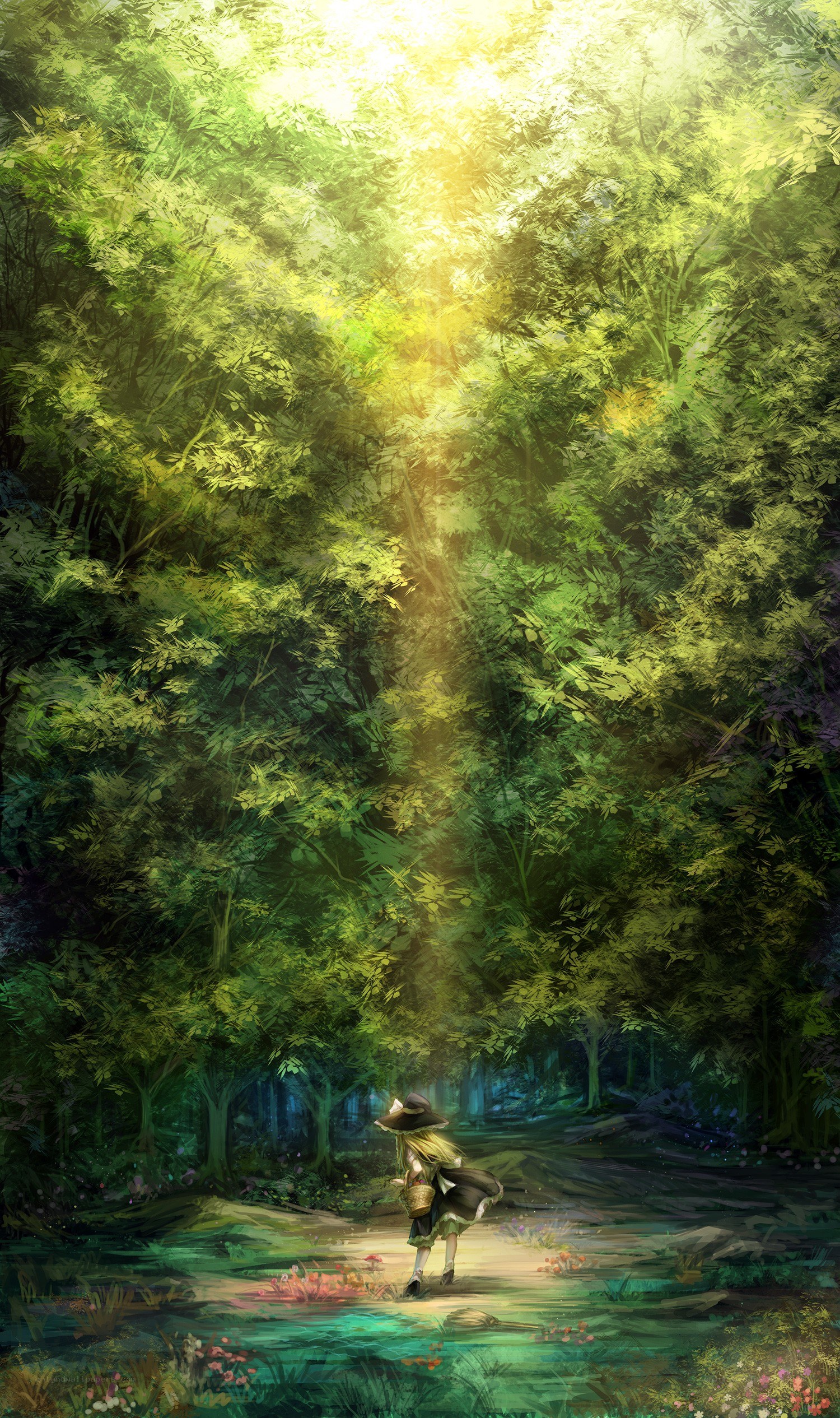Child in sunlit forest