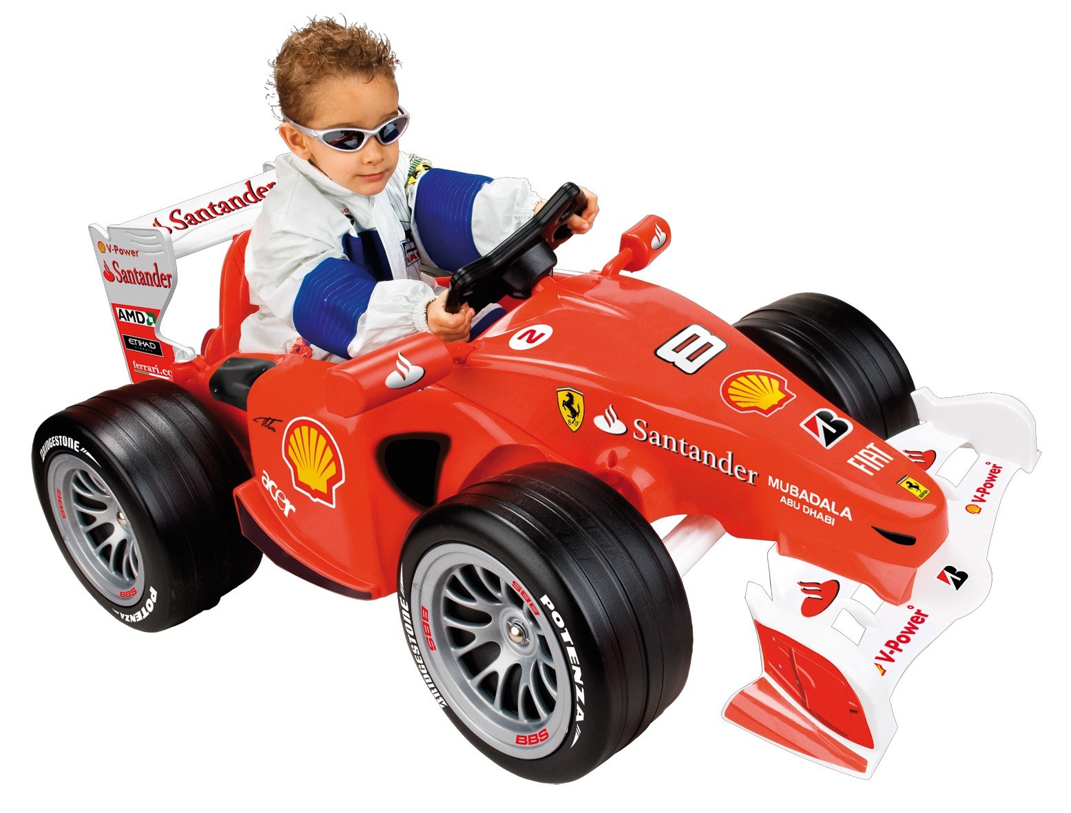 child in toy race car