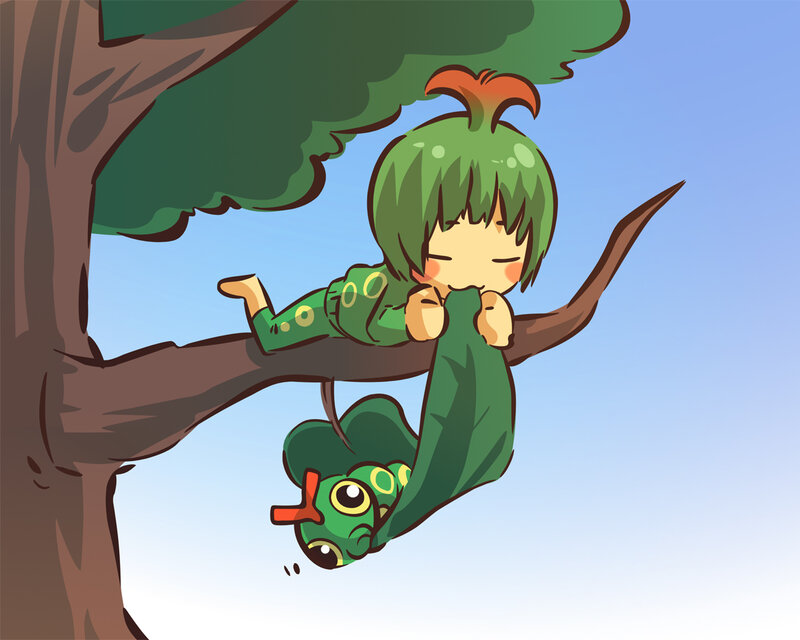 child in tree with caterpillar