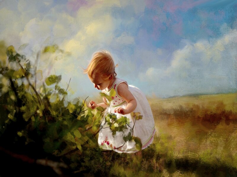 Child in White Dress — Serene, Afternoon, Painting