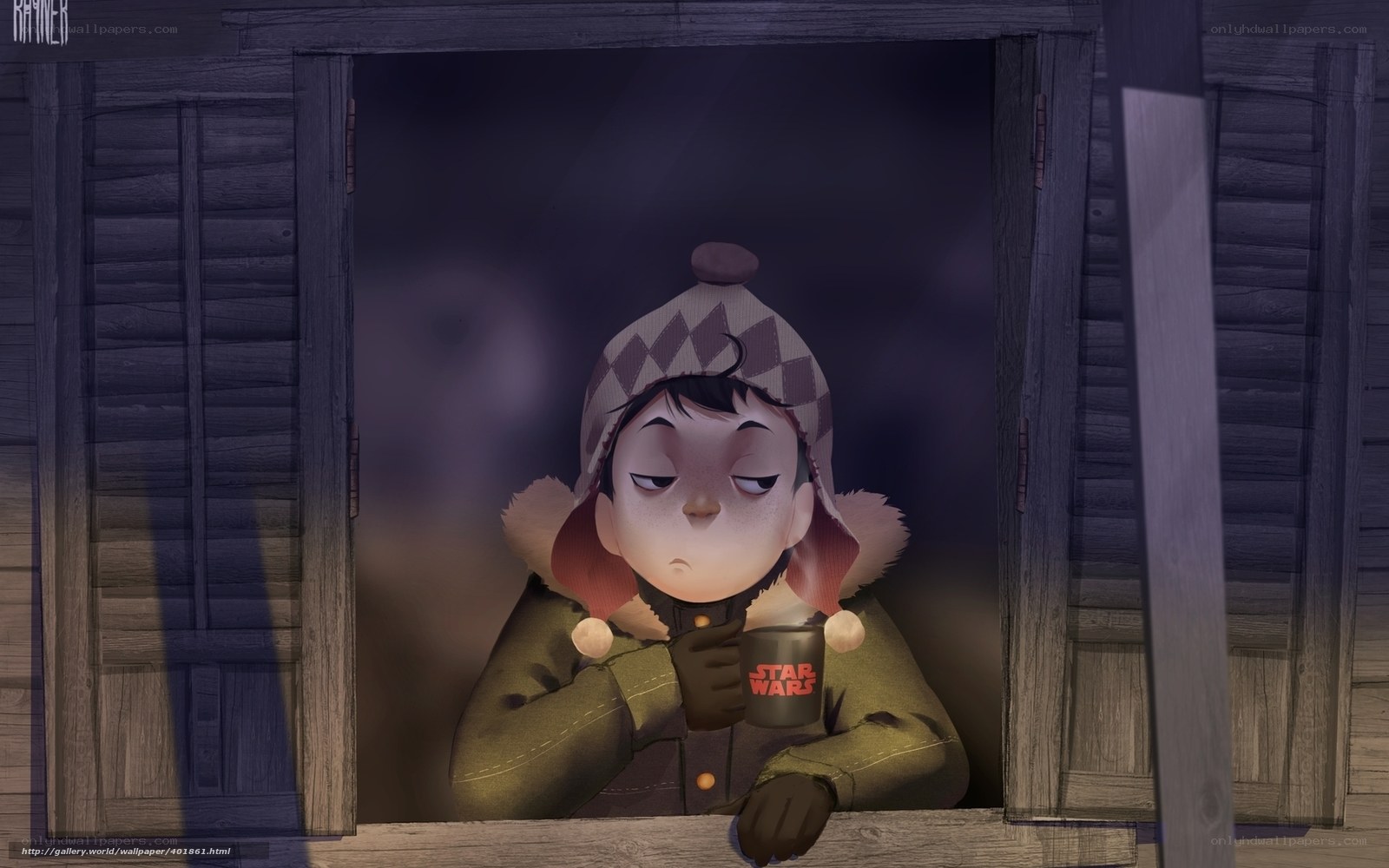 child in winter coat at window