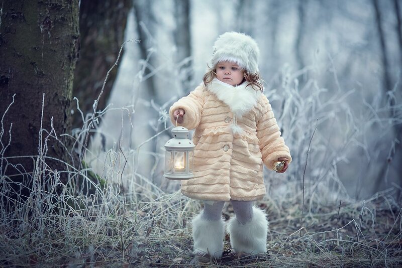 Child in Winter Coat — White, Cold, Photograph, Lantern