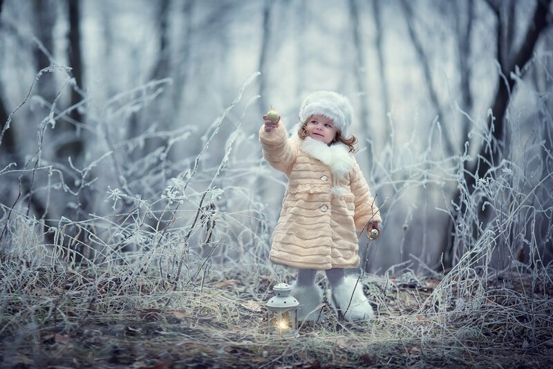 Child in Winter Coat — White, Serene, Photograph, Lantern