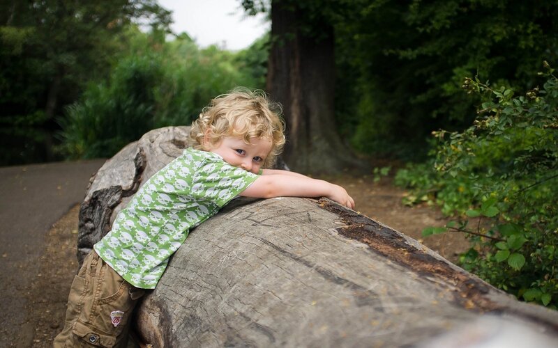 Child Leaning on Log — Green