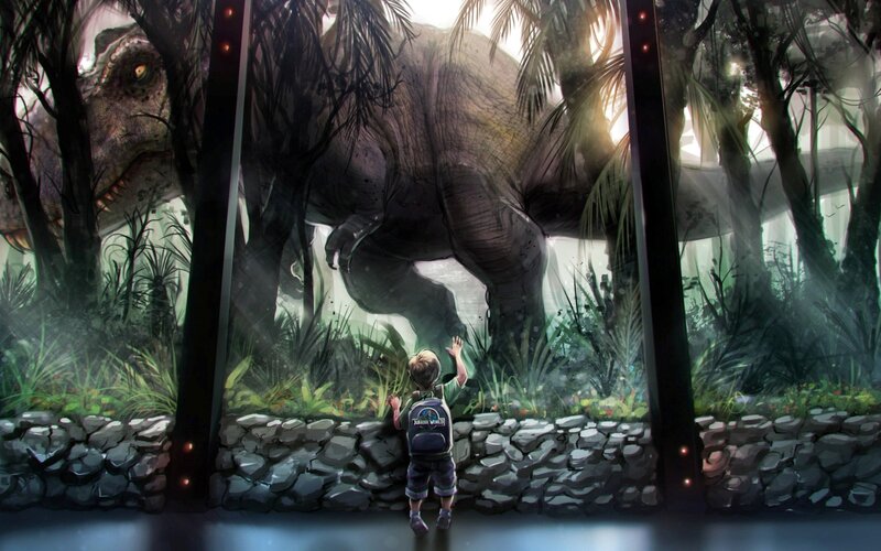 Child Looking at Dinosaur