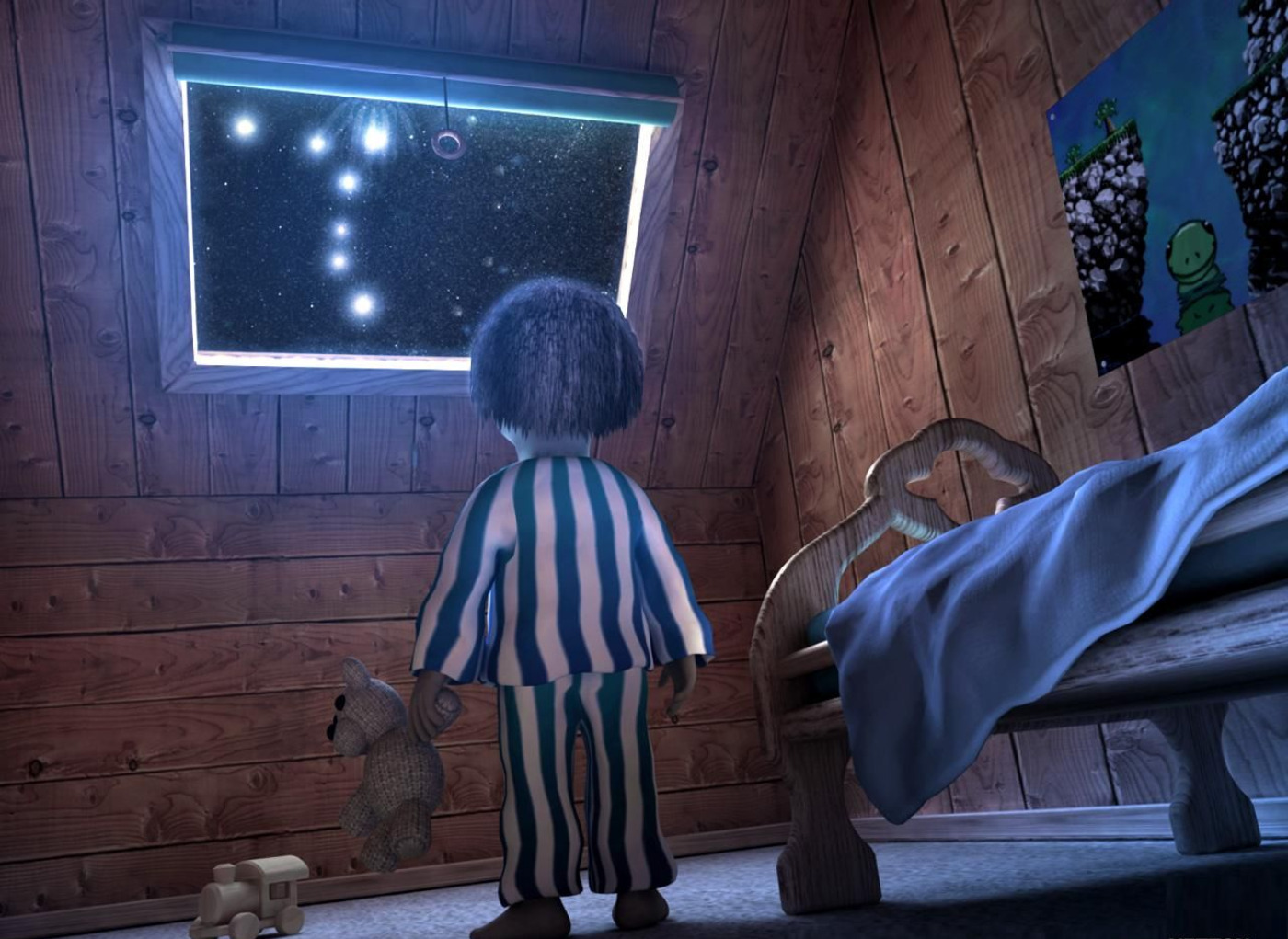 child looking at stars through window