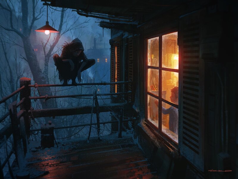 Child Looking Out Window — Blue, Dramatic