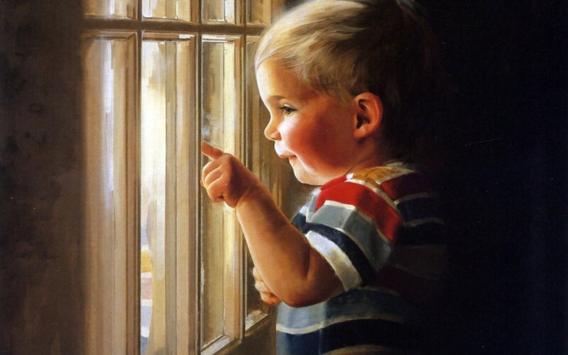 Child Looking Out Window — Brown