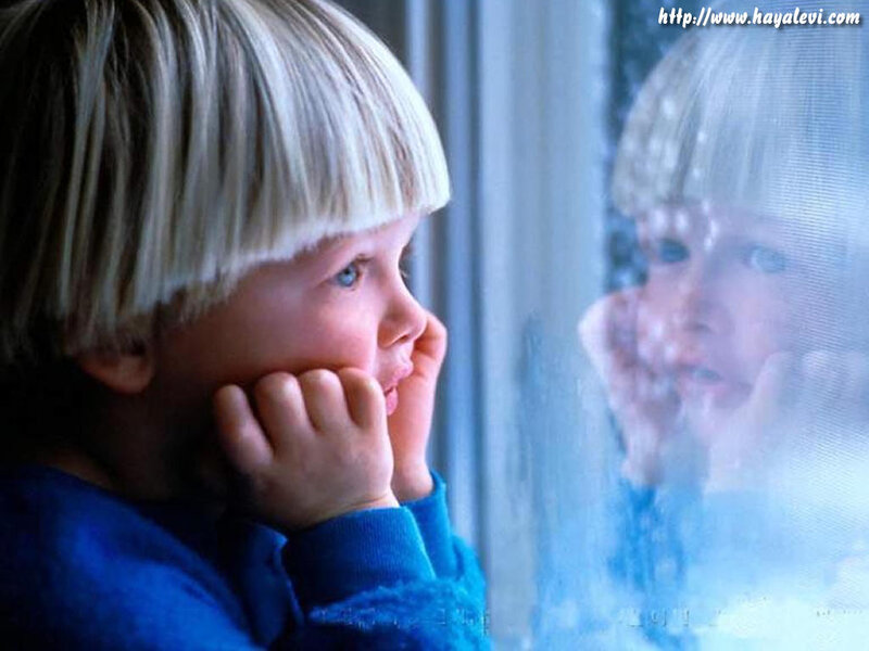 Child Looking Through Window — Blue
