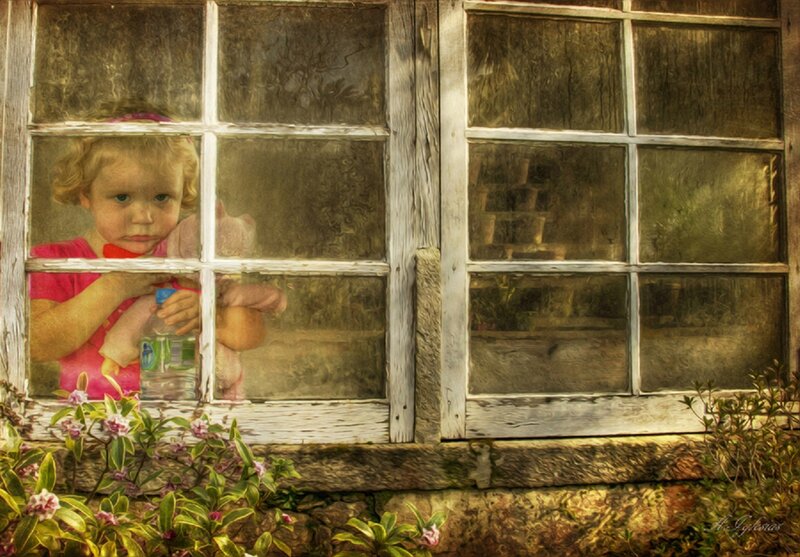 Child Looking Through Window — Brown