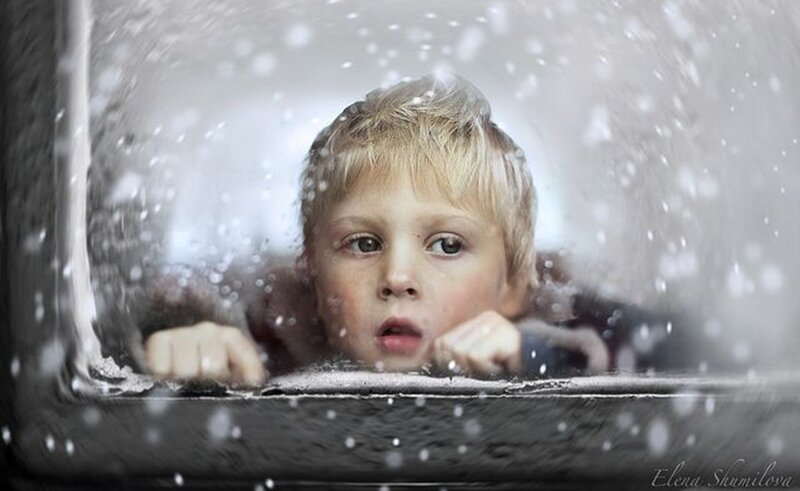 Child Looking Through Window — White