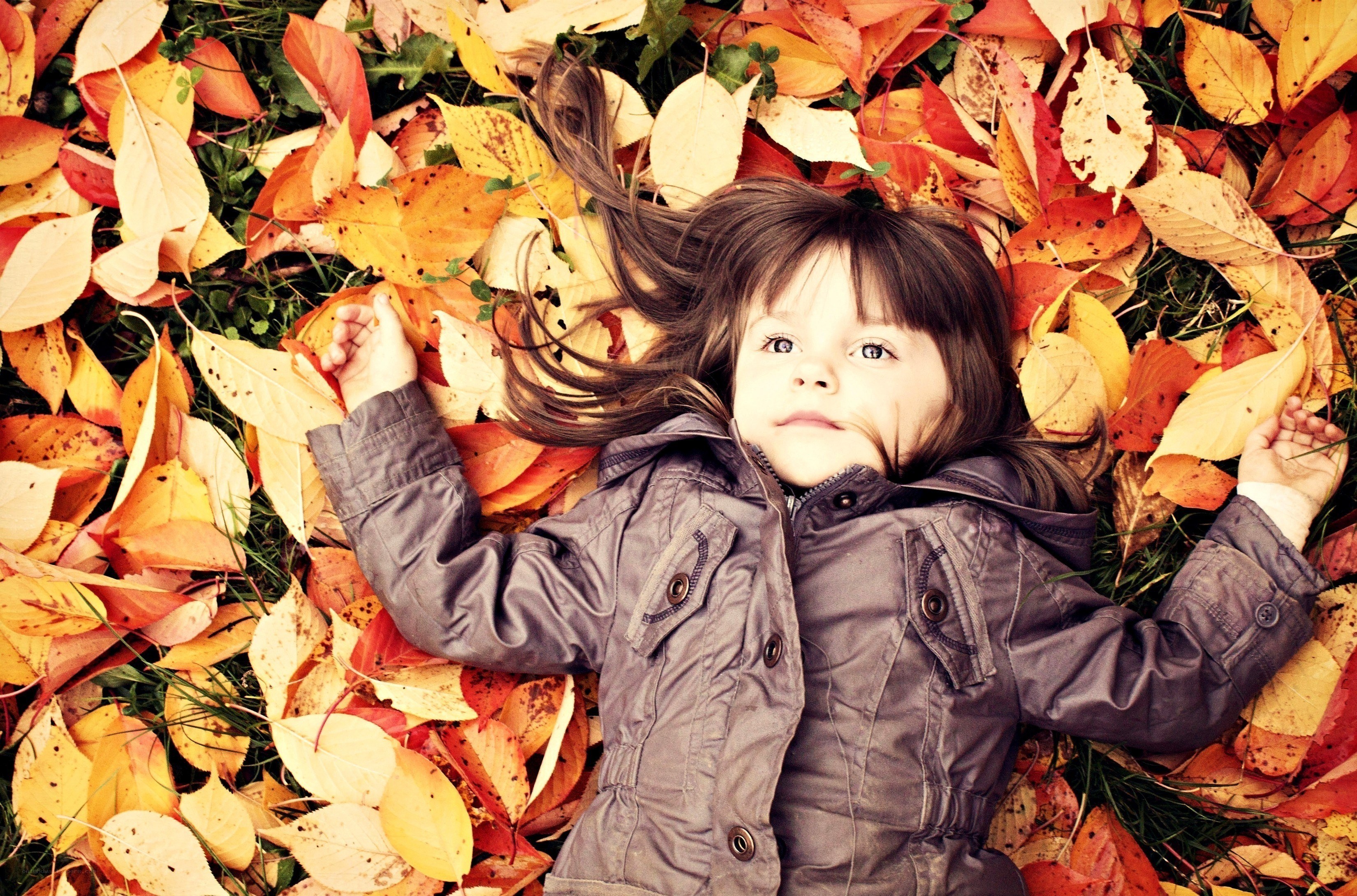 child lying in autumn leaves