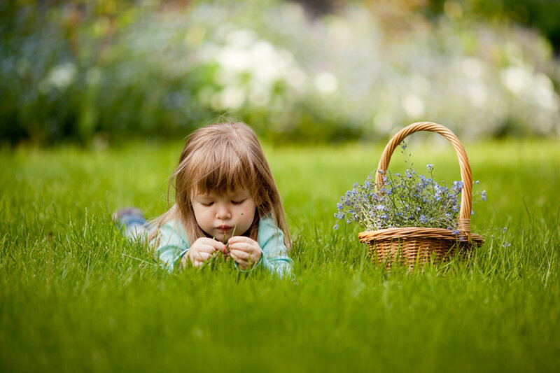 Child Lying in Grass — Green, Serene, Afternoon, Photograph, Basket