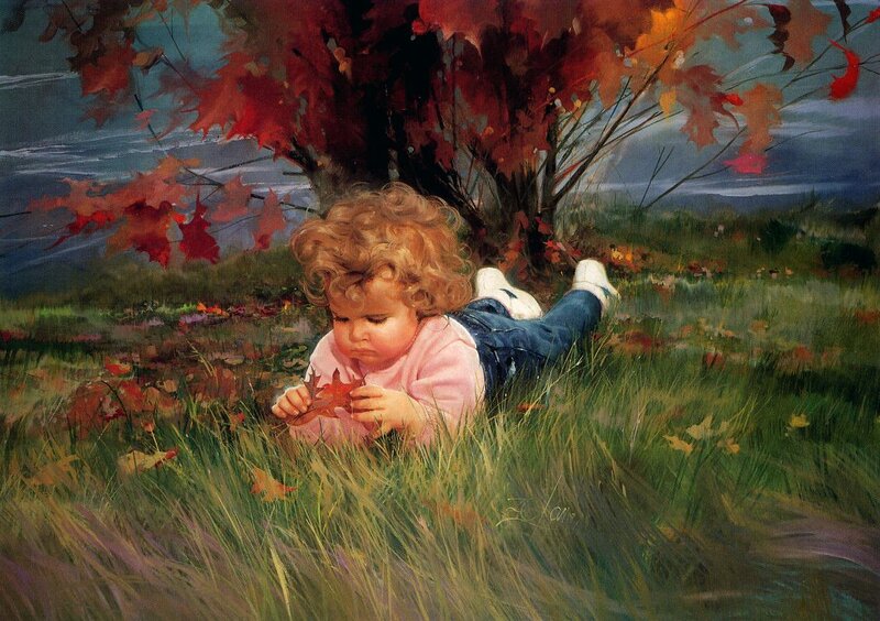 Child Lying in Grass — Red, Serene