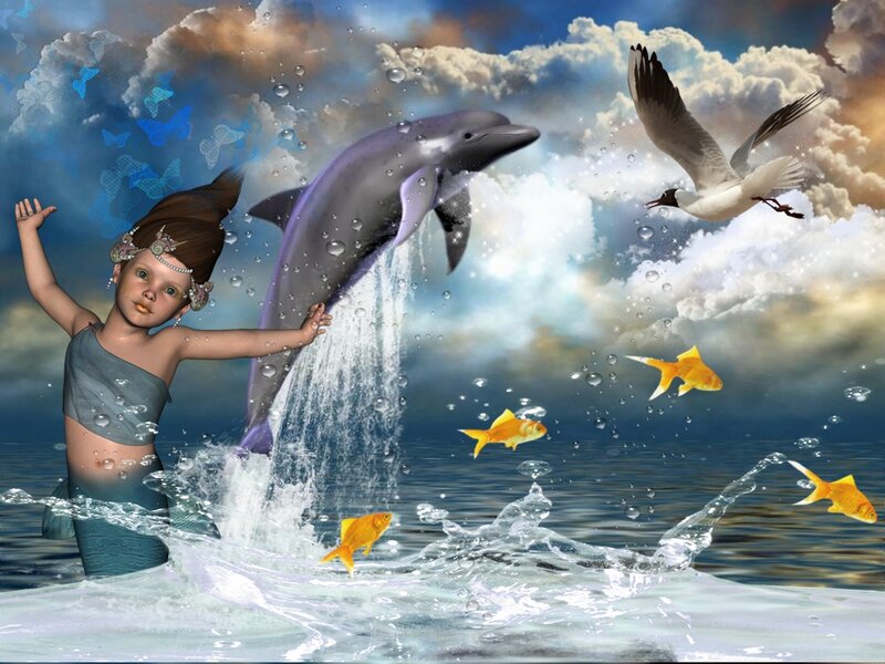 Child Mermaid with Dolphin