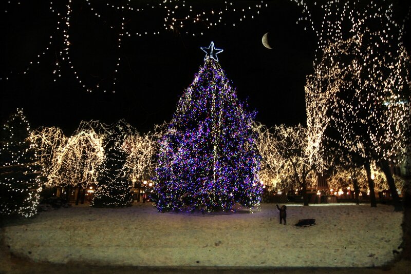 Child Near Christmas Tree — Blue, Festive