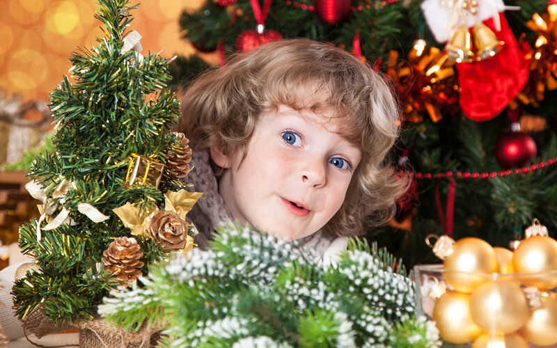 Child Near Christmas Tree — Green