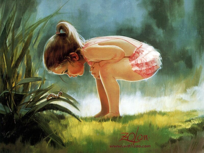 child observing a caterpillar