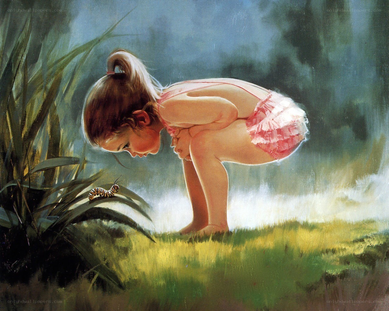 child observing a caterpillar