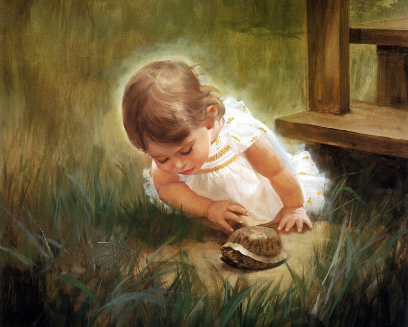 child observing a turtle