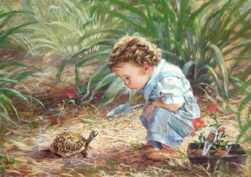 Child Observing Turtle