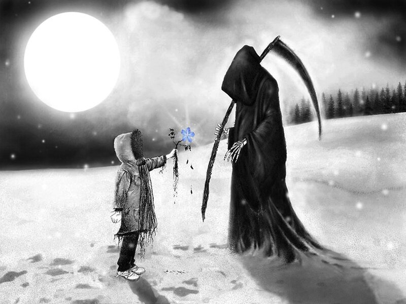 Child Offering Flower to Grim Reaper