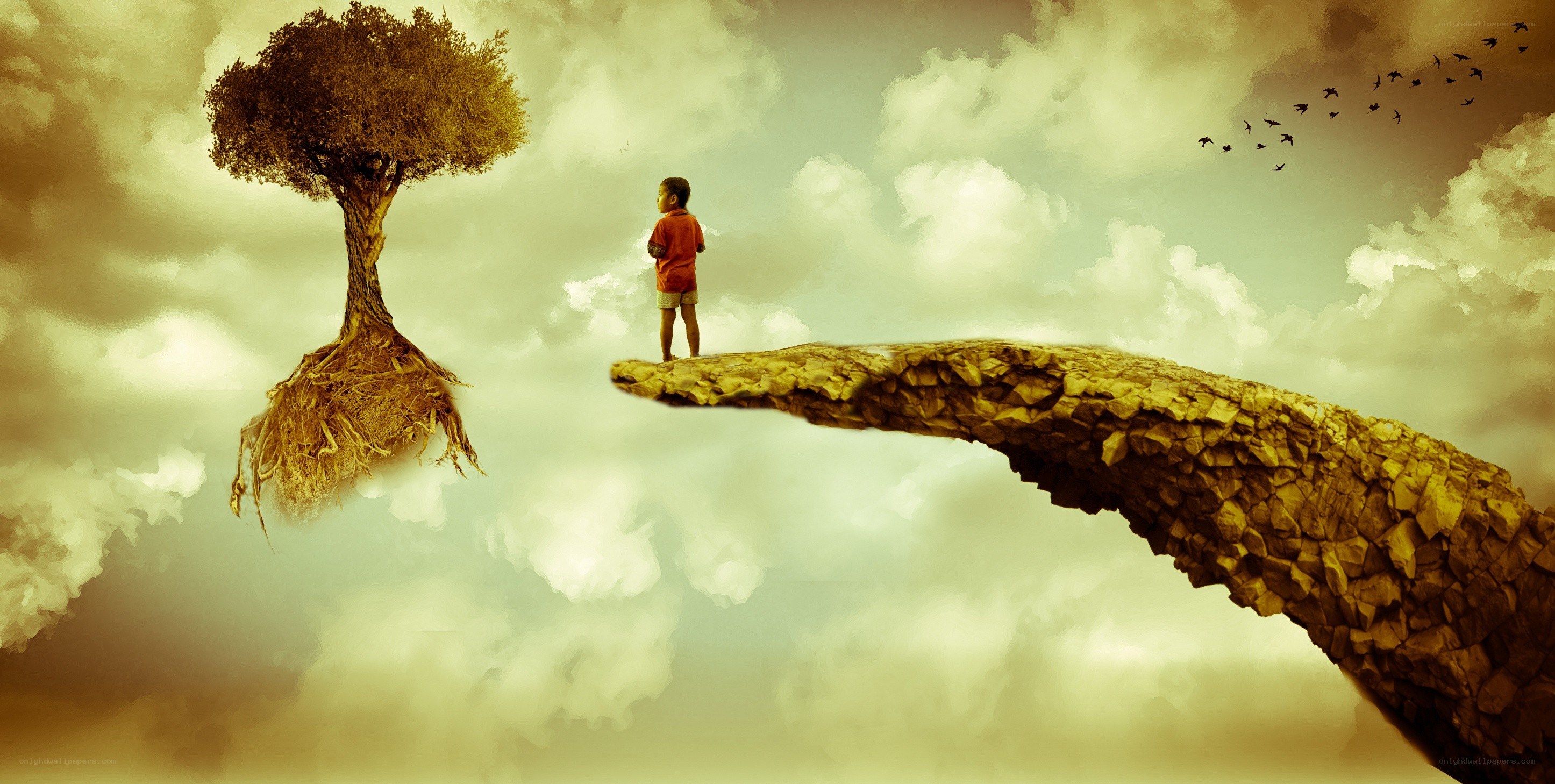 Child on a floating rock bridge