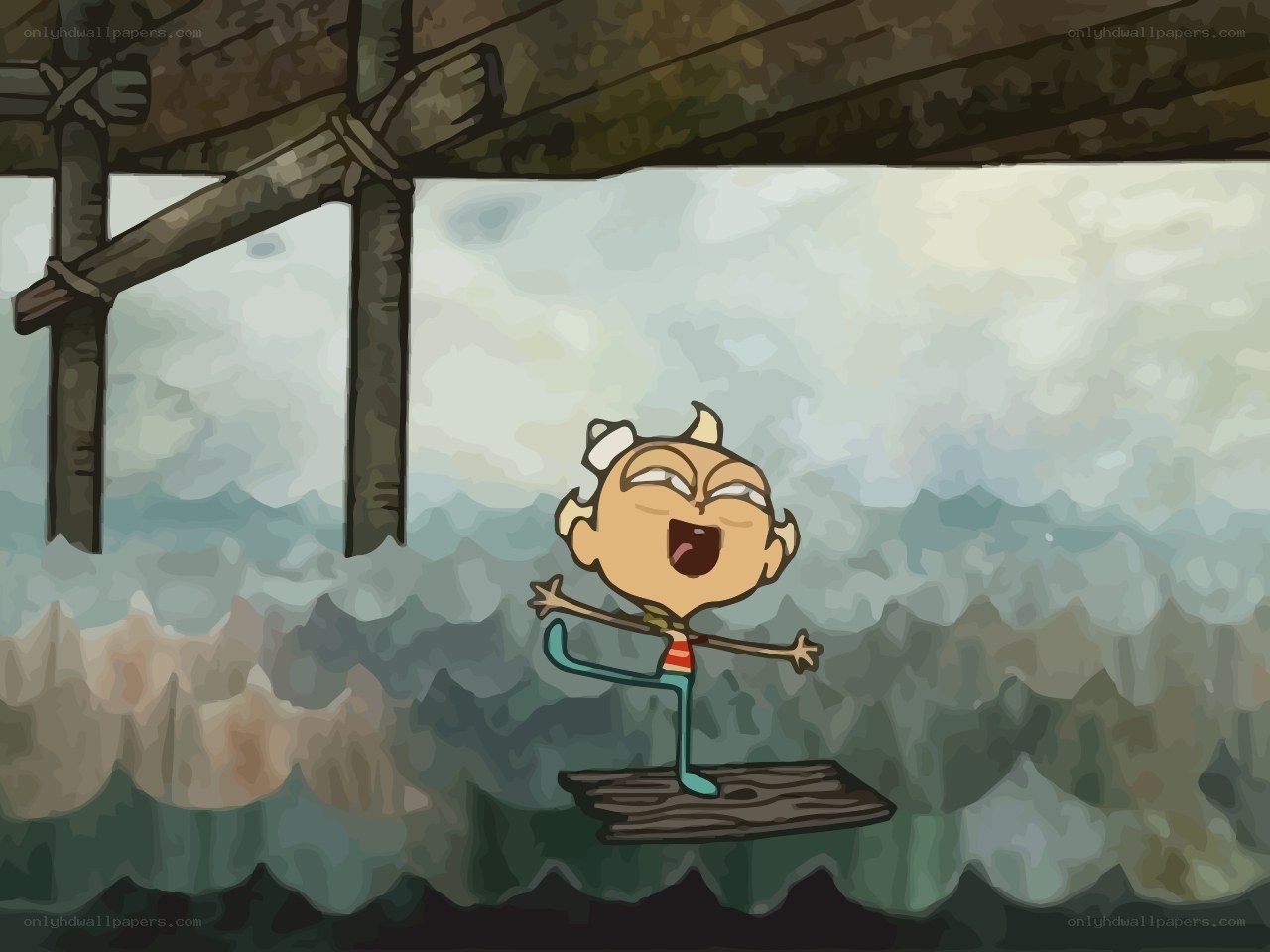 child on a log in water