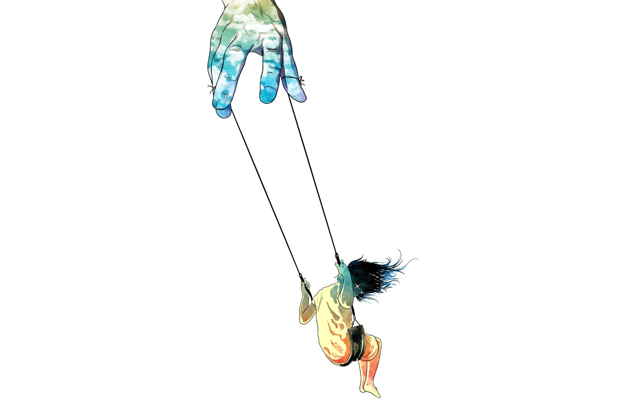 Child on a swing held by giant hand