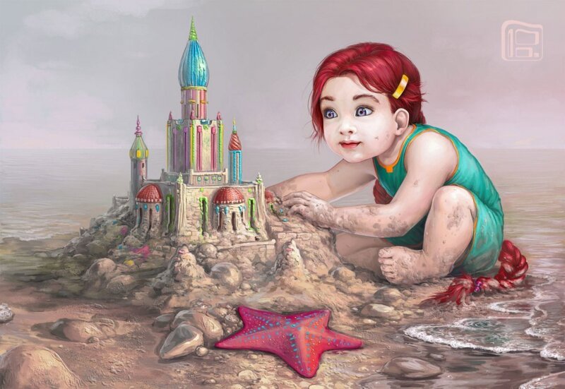 Child on Beach with Sandcastle