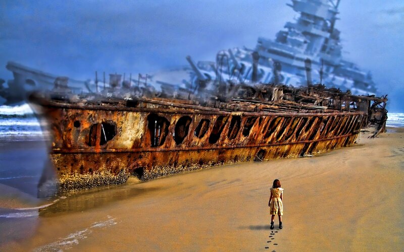 Child on Beach with Shipwreck