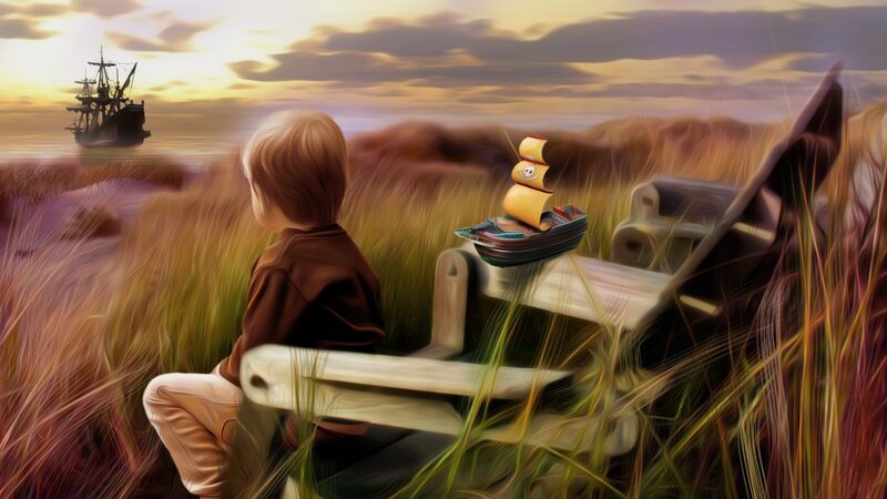 Child on Bench — Yellow, Serene, Sunset, Digital Art, Ship, Grass