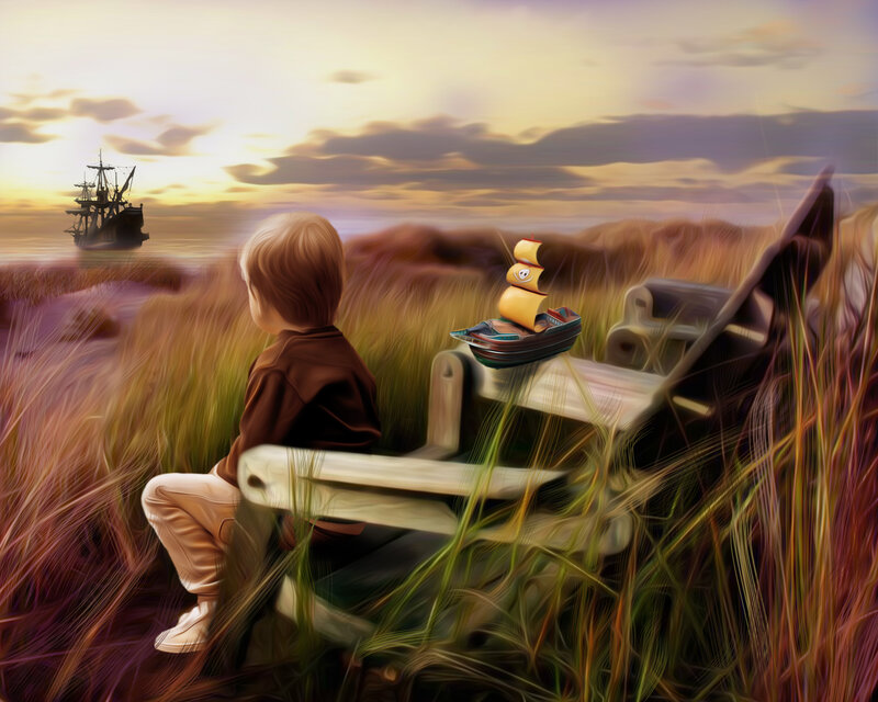Child on Bench — Yellow, Serene, Sunset, Digital Art