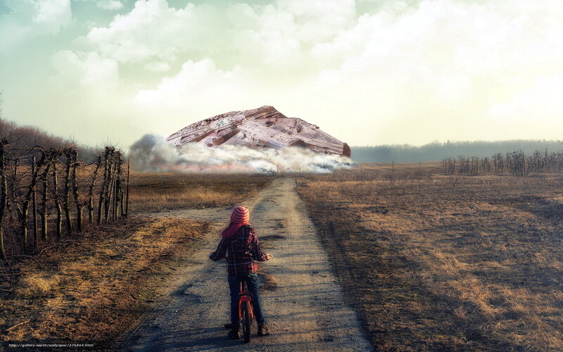Child on bike sees crashed spaceship