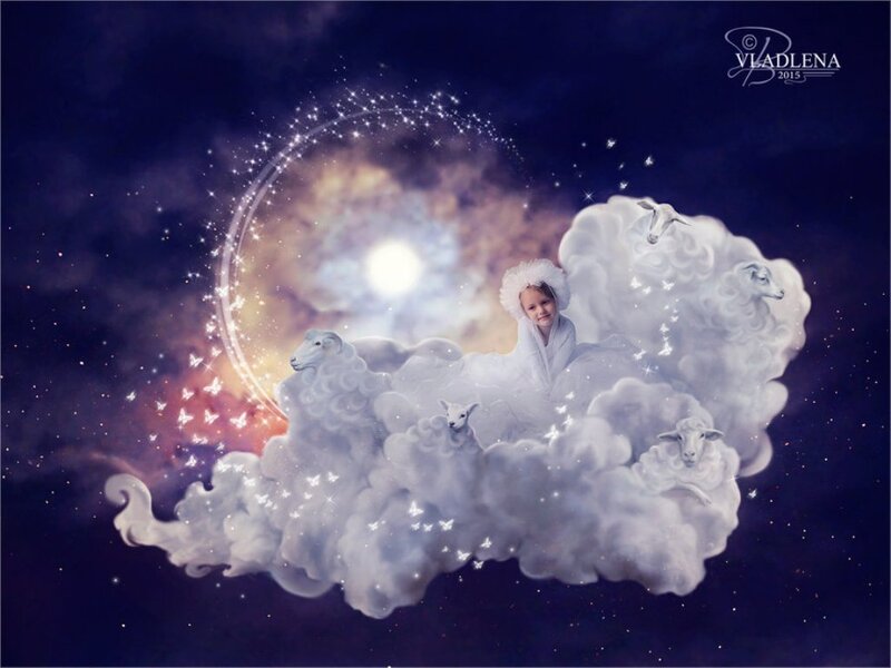 Child on Cloud with Sheep