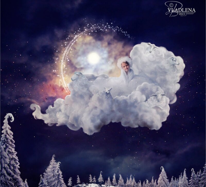 Child on Cloud with Sheep — White