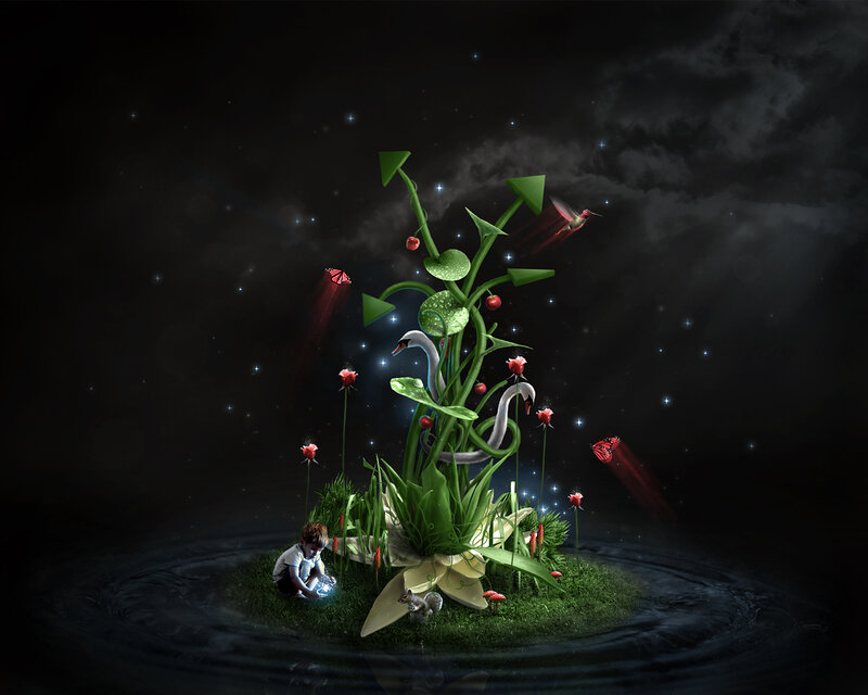 Child on Floating Island — Green, Dreamy, Night