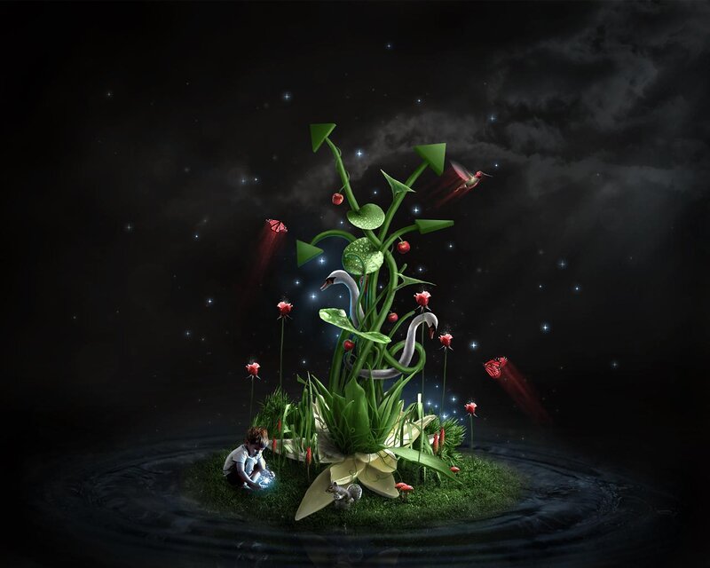 Child on Floating Island — Green, Fantastical