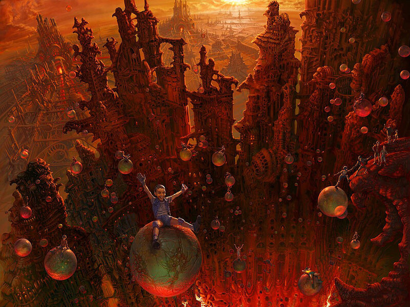 child on floating sphere in alien city