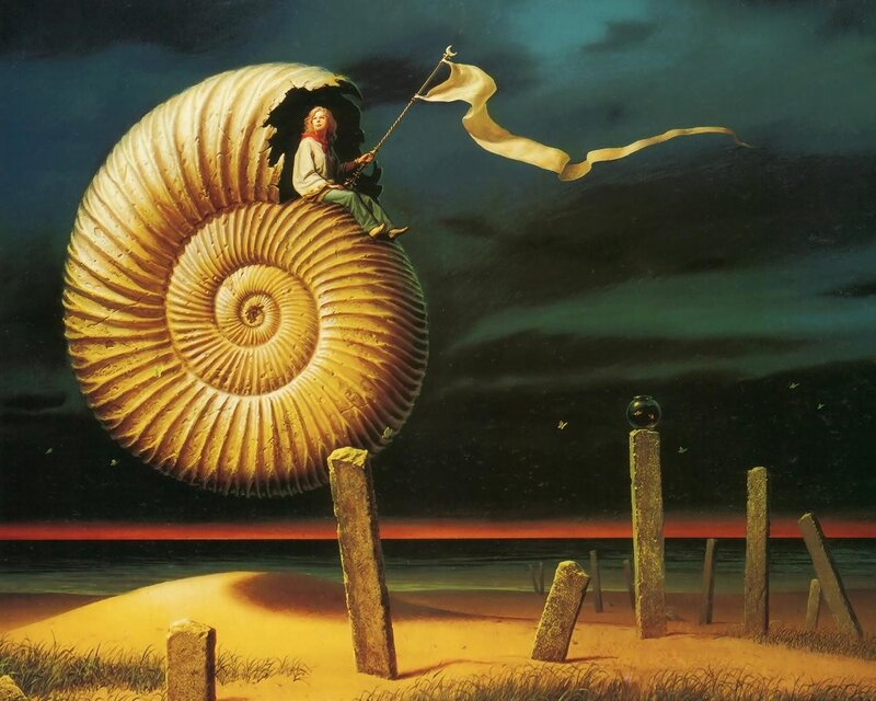 Child on giant ammonite shell