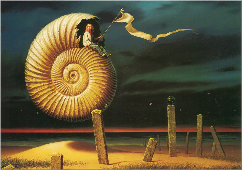 Child on giant ammonite shell