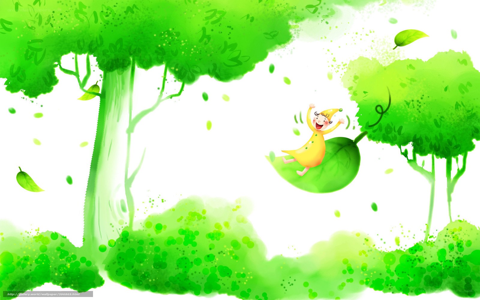 child on leaf in green forest