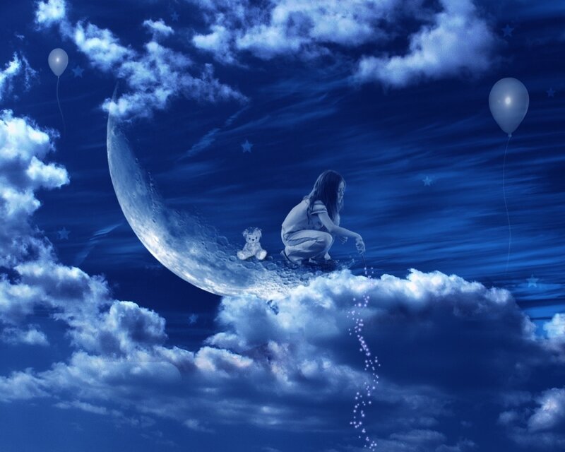 Child on moon with balloons