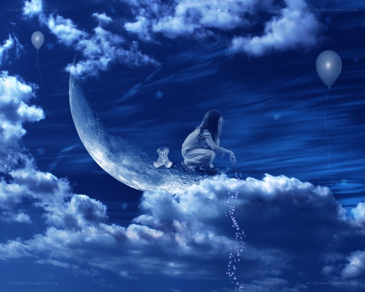 Child on moon with balloons