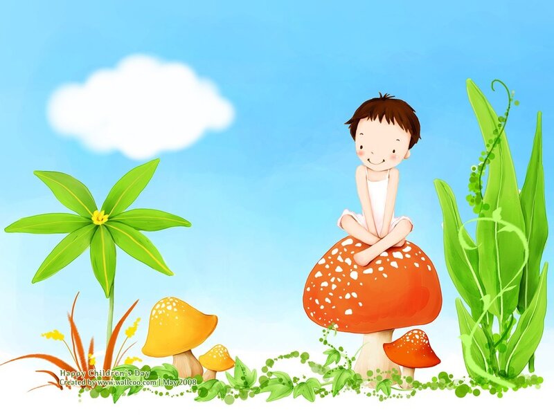 child on mushroom in garden
