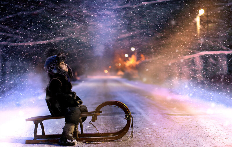 Child on Sled in Snow — White