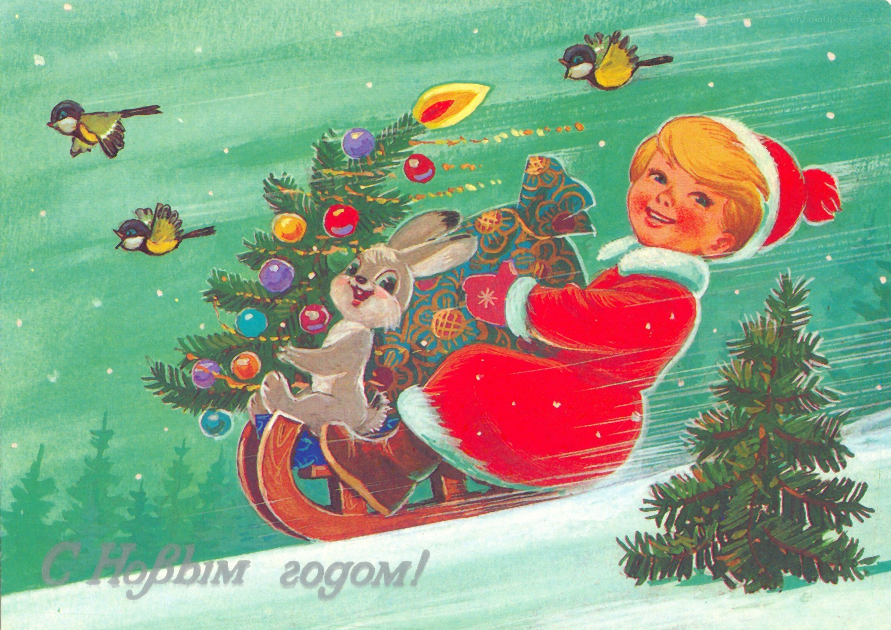 Child on sleigh with rabbit