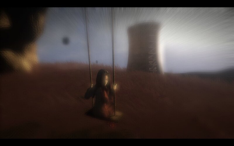 Child on swing in foggy field
